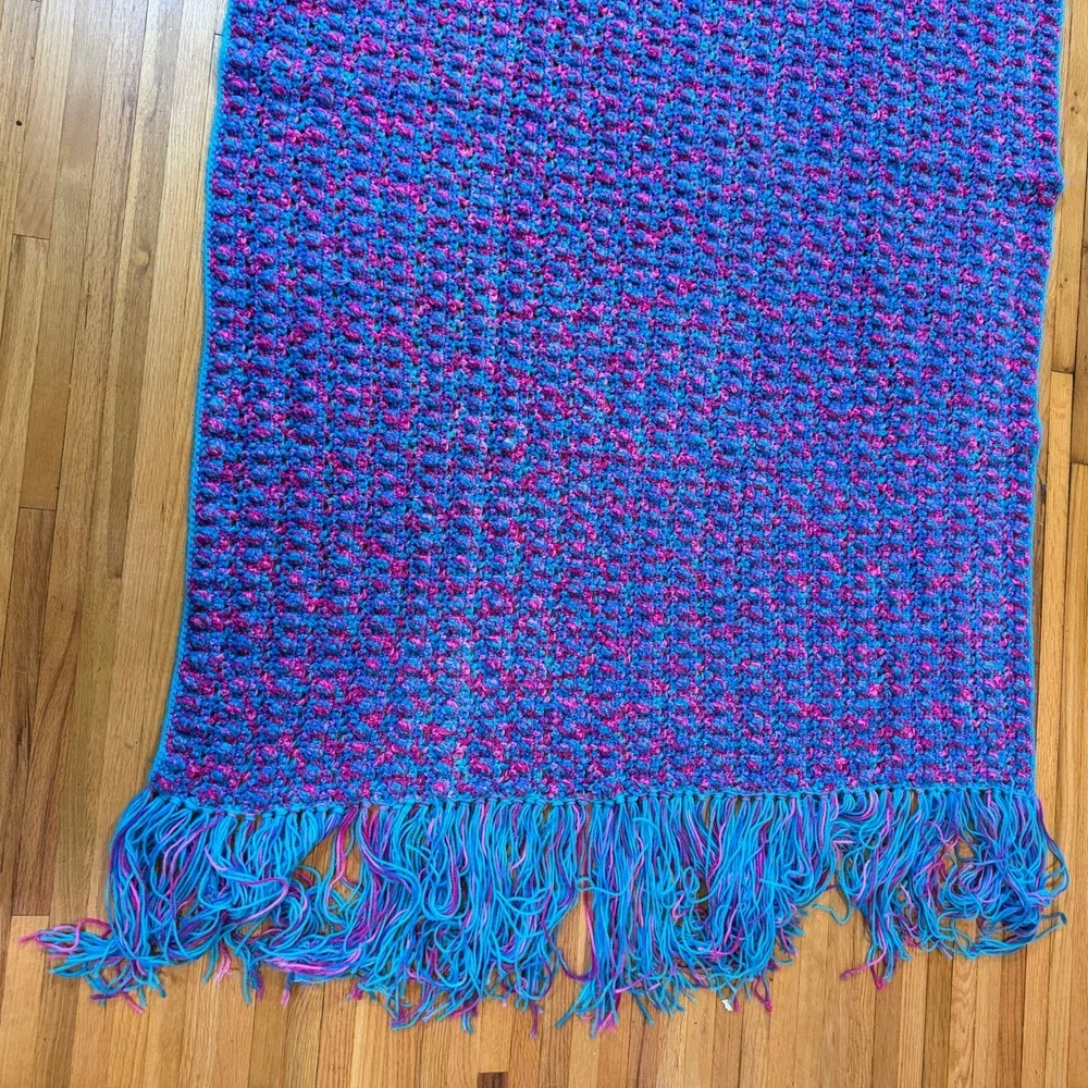 Unbranded Blanket Unisex OS Crochet Popcorn Stitch Blue Pink Fringed EUC